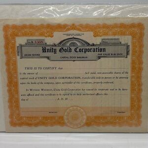 Vintage Ephemeral office or Man cave Decor Unity Gold Corporation Certificate